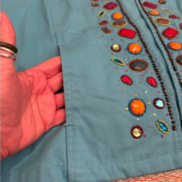 Life Style Jacket Womens Aqua Blue Stone Embellished Coat Sequin Hook Eye Size M - Picture 11 of 14